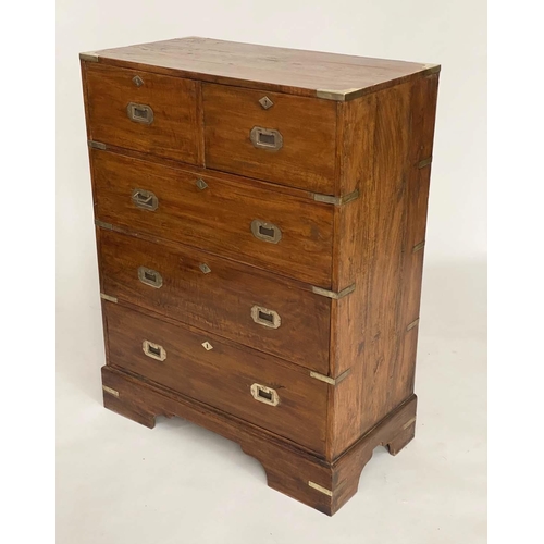 115 - CAMPAIGN STYLE CHEST, Campaign style teak and brass bound with two short and three long drawers, 76c... 