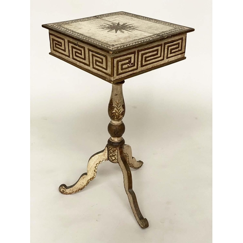 123 - WORK TABLE, 19th century and later painted with rising lid enclosing small drawers with Greek key bo... 