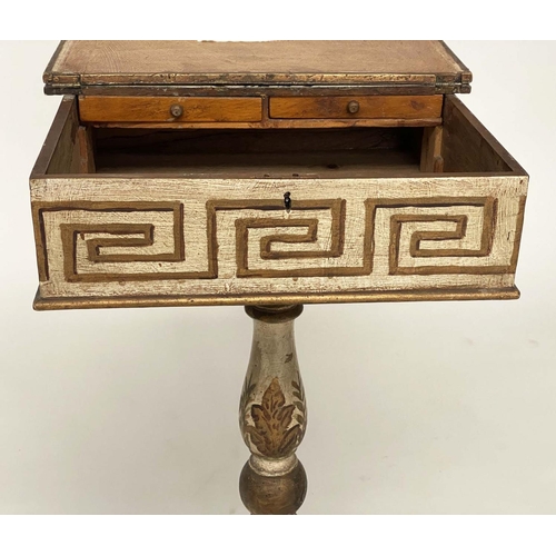 123 - WORK TABLE, 19th century and later painted with rising lid enclosing small drawers with Greek key bo... 