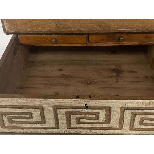 123 - WORK TABLE, 19th century and later painted with rising lid enclosing small drawers with Greek key bo... 