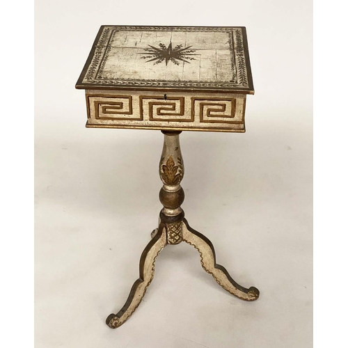 123 - WORK TABLE, 19th century and later painted with rising lid enclosing small drawers with Greek key bo... 