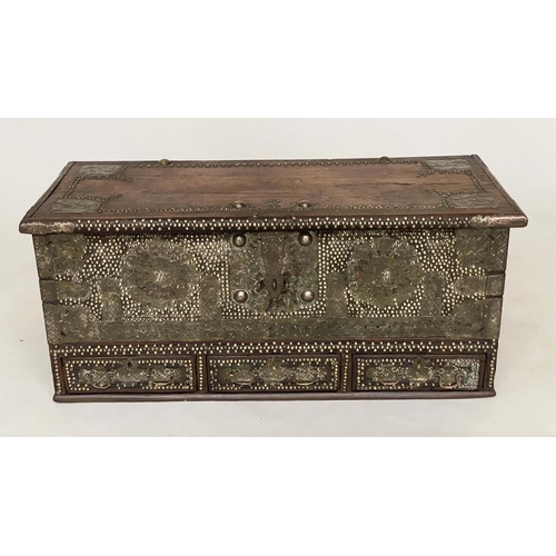 132 - ZANZIBAR TRUNK, 19th century hardwood and brass bound with rising lid and three short drawers, 110cm... 