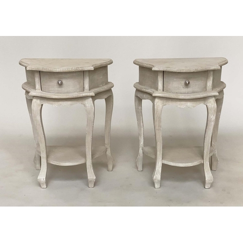 135 - BEDSIDE/LAMP TABLES, a pair, Italian style grey painted each with frieze drawer and curved supports,... 