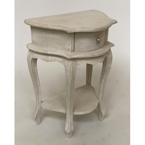 135 - BEDSIDE/LAMP TABLES, a pair, Italian style grey painted each with frieze drawer and curved supports,... 