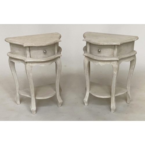 135 - BEDSIDE/LAMP TABLES, a pair, Italian style grey painted each with frieze drawer and curved supports,... 