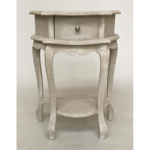 135 - BEDSIDE/LAMP TABLES, a pair, Italian style grey painted each with frieze drawer and curved supports,... 