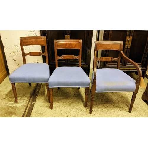 DINING CHAIRS, a set of eight including two carvers (carvers each 51cm W), Regency mahogany, with blue stuffover seats. (8)