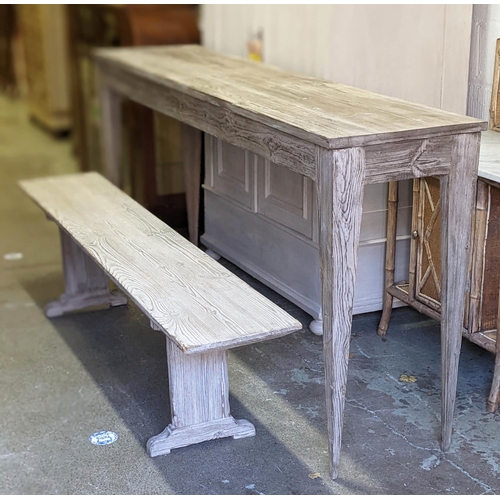 500 - SERVING TABLE, 98cm H x 203cm x 47cm, limed wood and a similar bench, 48cm H x 194cm x 33cm. (2)