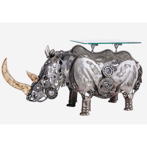 502 - RHINO DRINKS TABLE, 145cm x 46cm x 69cm, glass top, figural base.