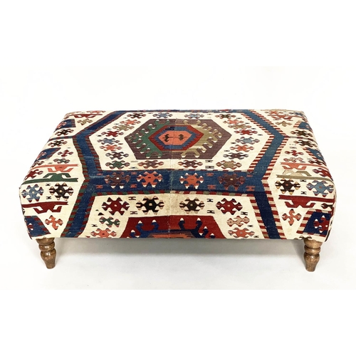 112 - HEARTH/FOOTSTOOL, rectangular antique Kelim upholstered, with turned supports, 107cm W x 72cm D x 37... 