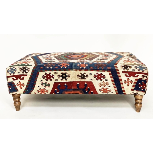 112 - HEARTH/FOOTSTOOL, rectangular antique Kelim upholstered, with turned supports, 107cm W x 72cm D x 37... 