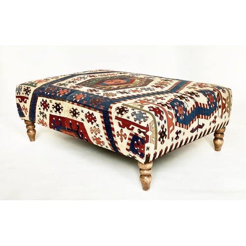 112 - HEARTH/FOOTSTOOL, rectangular antique Kelim upholstered, with turned supports, 107cm W x 72cm D x 37... 