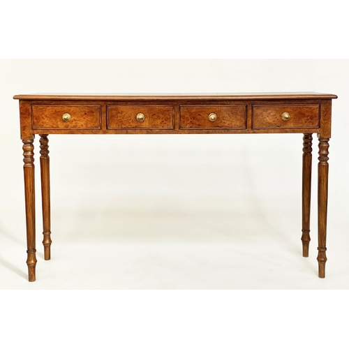 113 - HALL TABLE, George III design burr walnut and crossbanded with four short drawers and turned support... 