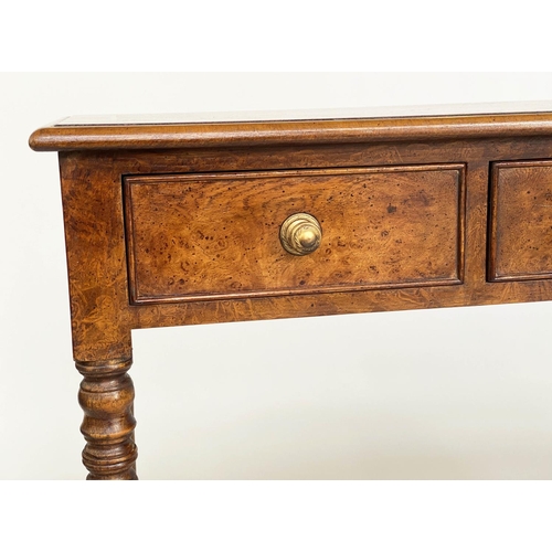 113 - HALL TABLE, George III design burr walnut and crossbanded with four short drawers and turned support... 