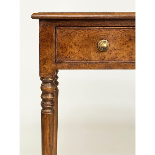 113 - HALL TABLE, George III design burr walnut and crossbanded with four short drawers and turned support... 