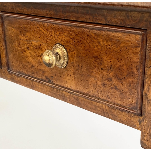 113 - HALL TABLE, George III design burr walnut and crossbanded with four short drawers and turned support... 