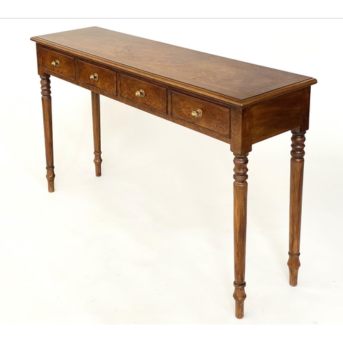 113 - HALL TABLE, George III design burr walnut and crossbanded with four short drawers and turned support... 