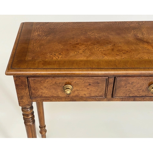 113 - HALL TABLE, George III design burr walnut and crossbanded with four short drawers and turned support... 