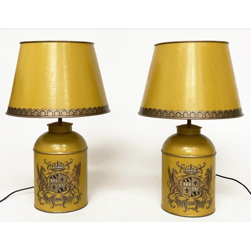 114 - CANNISTER LAMPS, a pair, yellow in the form of lidded tea canisters bearing Royal Coat of Arms with ... 