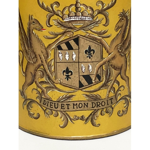 114 - CANNISTER LAMPS, a pair, yellow in the form of lidded tea canisters bearing Royal Coat of Arms with ... 