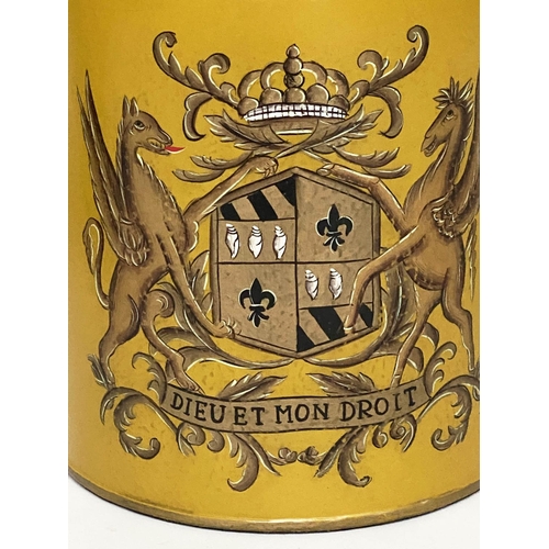 114 - CANNISTER LAMPS, a pair, yellow in the form of lidded tea canisters bearing Royal Coat of Arms with ... 