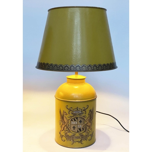 114 - CANNISTER LAMPS, a pair, yellow in the form of lidded tea canisters bearing Royal Coat of Arms with ... 