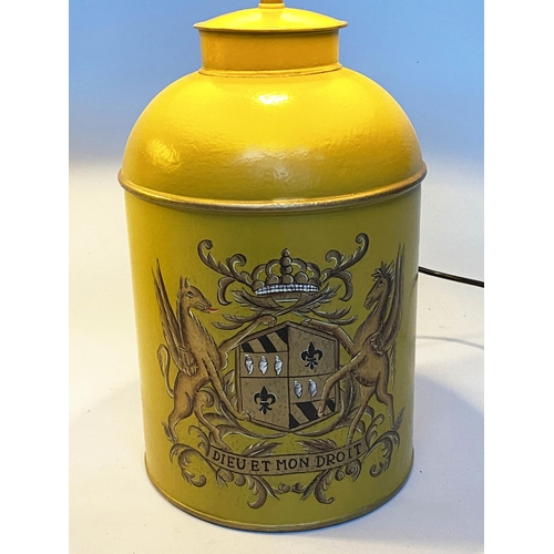 114 - CANNISTER LAMPS, a pair, yellow in the form of lidded tea canisters bearing Royal Coat of Arms with ... 