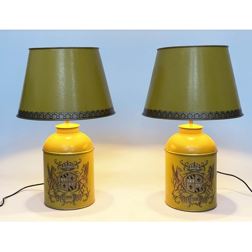 114 - CANNISTER LAMPS, a pair, yellow in the form of lidded tea canisters bearing Royal Coat of Arms with ... 