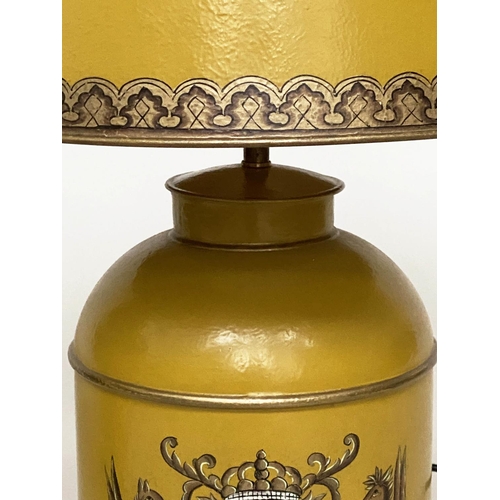 114 - CANNISTER LAMPS, a pair, yellow in the form of lidded tea canisters bearing Royal Coat of Arms with ... 