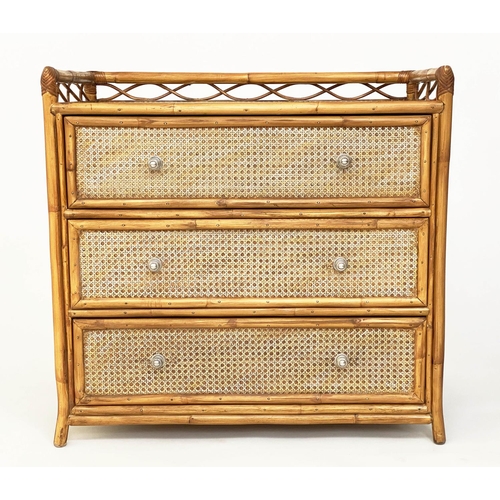 118 - BAMBOO CHEST, cane bound and wicker panelled with pierced gallery and three long drawers, 82cm W x 4... 