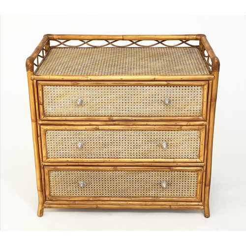 118 - BAMBOO CHEST, cane bound and wicker panelled with pierced gallery and three long drawers, 82cm W x 4... 