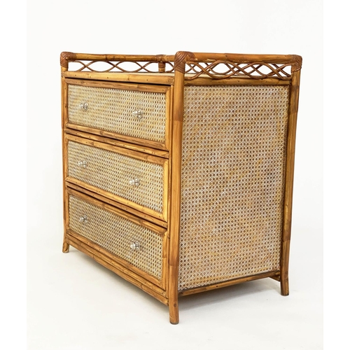 118 - BAMBOO CHEST, cane bound and wicker panelled with pierced gallery and three long drawers, 82cm W x 4... 