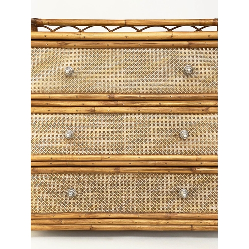 118 - BAMBOO CHEST, cane bound and wicker panelled with pierced gallery and three long drawers, 82cm W x 4... 