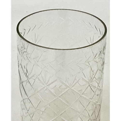 119 - STORM LANTERNS, a pair, hand cut glass, cylindrical engraved with facetted stepped plinth bases, 45c... 