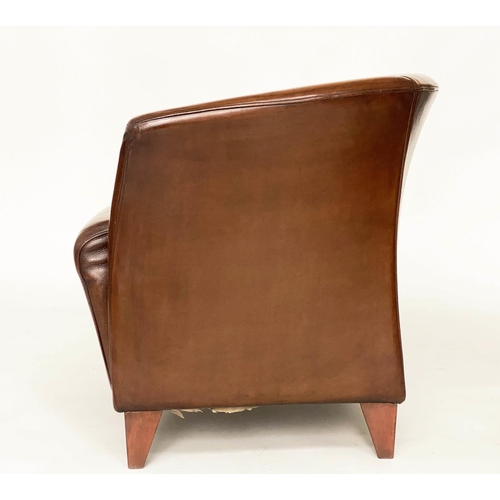 122 - ARMCHAIRS, a pair, mid brown tan leather with outswept arms and splay supports, 76cm W. (2)