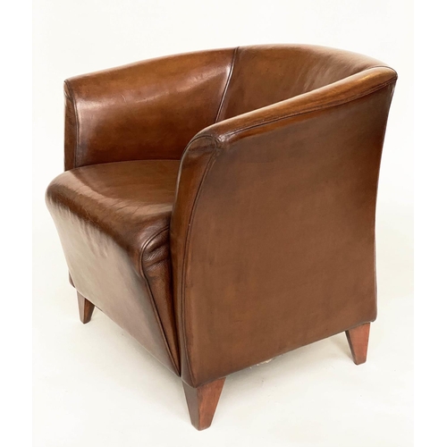 122 - ARMCHAIRS, a pair, mid brown tan leather with outswept arms and splay supports, 76cm W. (2)