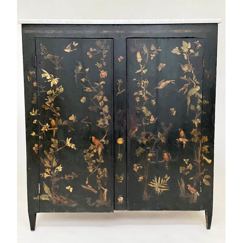 124 - SIDE CABINET, 19th century lacquered, decoupage and hand painted decoration with two panel doors and... 