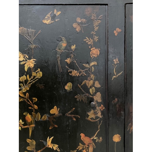 124 - SIDE CABINET, 19th century lacquered, decoupage and hand painted decoration with two panel doors and... 