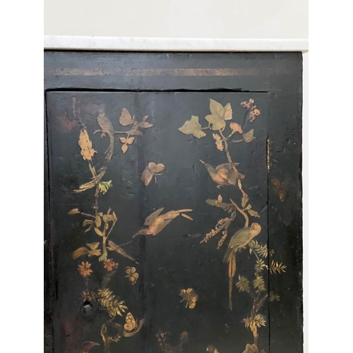 124 - SIDE CABINET, 19th century lacquered, decoupage and hand painted decoration with two panel doors and... 