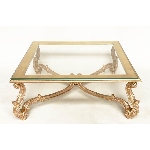 127 - GILTWOOD LOW CENTRE TABLE, hand carved giltwood, with scroll carved supports and wavy stretcher, 116... 