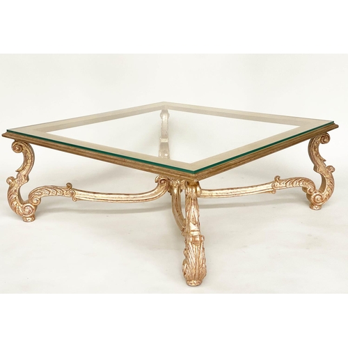 127 - GILTWOOD LOW CENTRE TABLE, hand carved giltwood, with scroll carved supports and wavy stretcher, 116... 