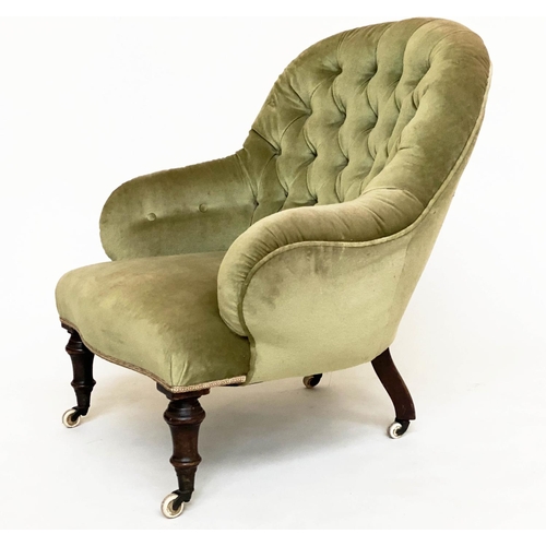 128 - ARMCHAIR, Victorian, moss green velvet upholstered with arched buttoned back and turned supports, 72... 