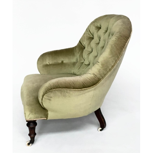 128 - ARMCHAIR, Victorian, moss green velvet upholstered with arched buttoned back and turned supports, 72... 