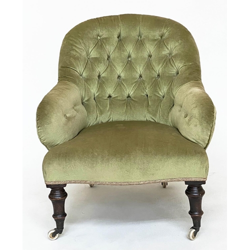 128 - ARMCHAIR, Victorian, moss green velvet upholstered with arched buttoned back and turned supports, 72... 