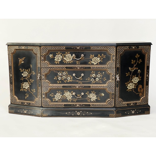 130 - SIDE CABINET, lacquered and gilt Chinoserie decorated with silvered mounts and break front form with... 