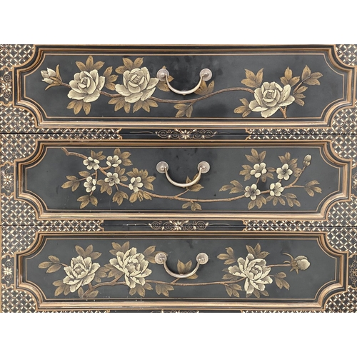 130 - SIDE CABINET, lacquered and gilt Chinoserie decorated with silvered mounts and break front form with... 