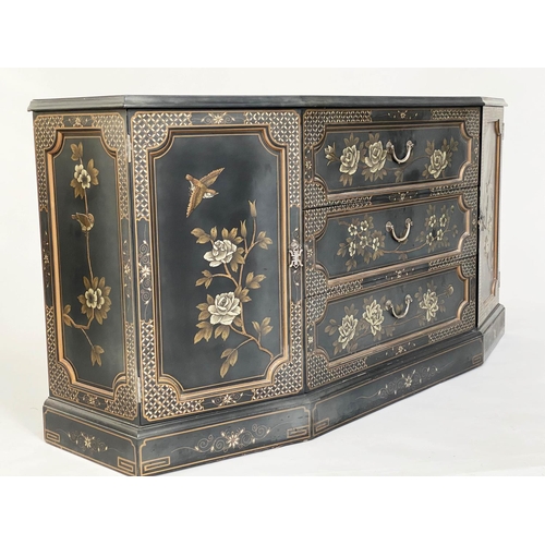 130 - SIDE CABINET, lacquered and gilt Chinoserie decorated with silvered mounts and break front form with... 