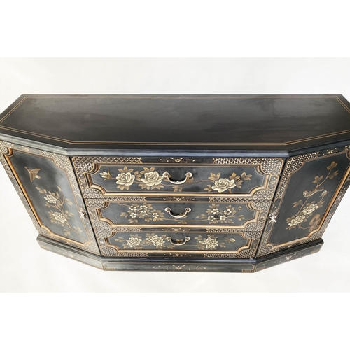 130 - SIDE CABINET, lacquered and gilt Chinoserie decorated with silvered mounts and break front form with... 