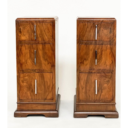 134 - ART DECO BEDSIDE CHESTS, a pair, burr and figured walnut, each with three drawers and chrome handles... 