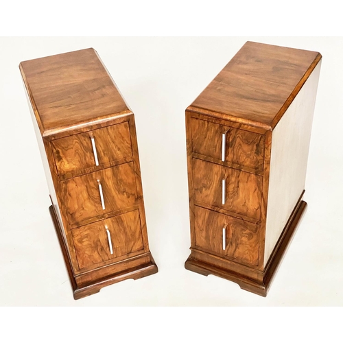 134 - ART DECO BEDSIDE CHESTS, a pair, burr and figured walnut, each with three drawers and chrome handles... 